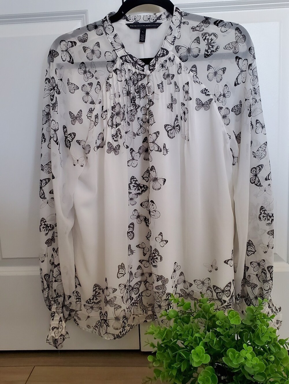 White House Black Market White Sheer Butterfly Print Blouse